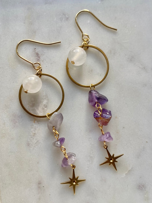 Amethyst and Selenite 90s Celestial Magic Inspired Brass Earrings