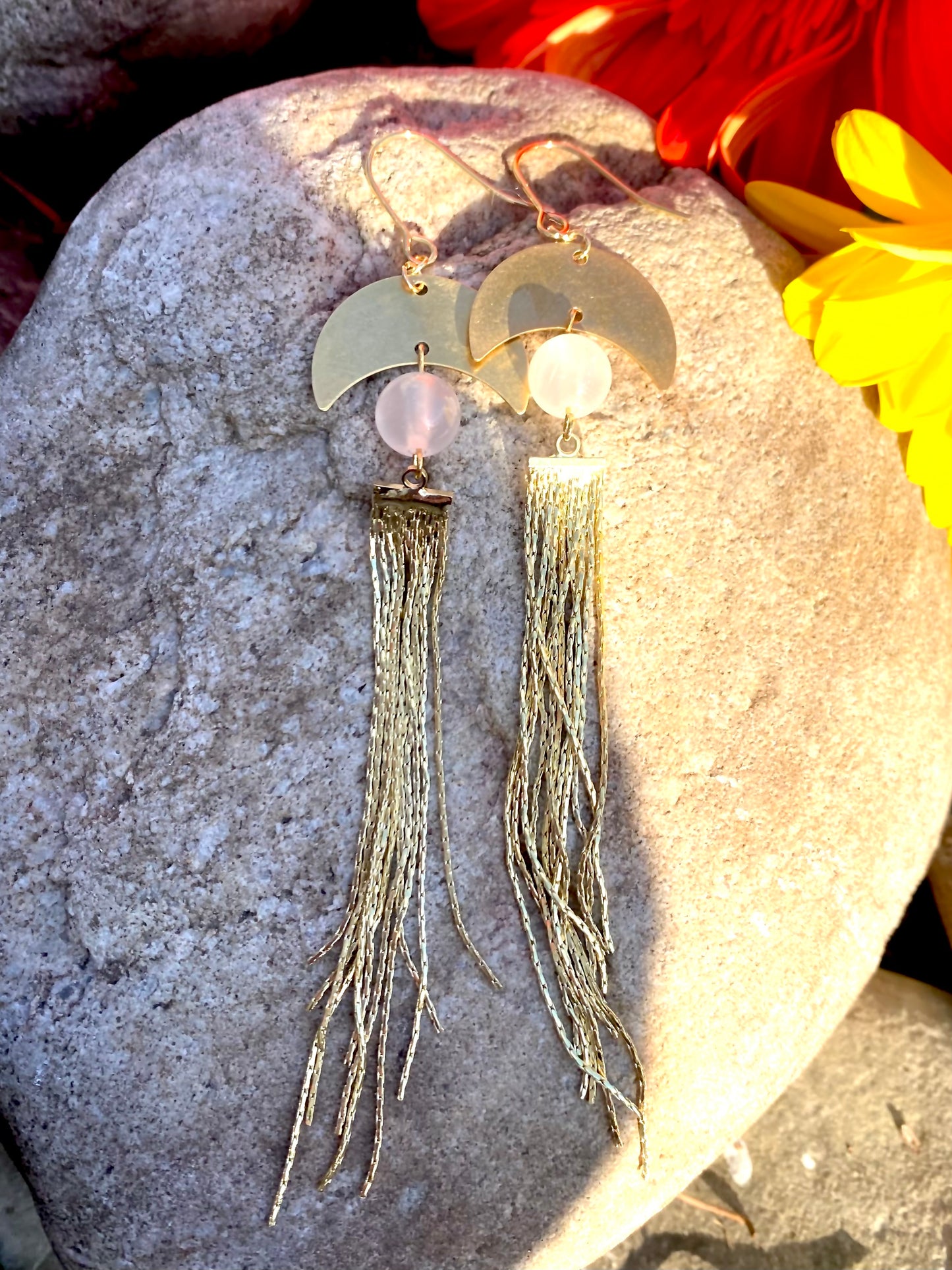 Long Bohemian Cascade Earrings with Genuine Selenite and Brass Moon