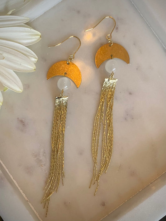 Long Bohemian Cascade Earrings with Genuine Selenite and Brass Moon