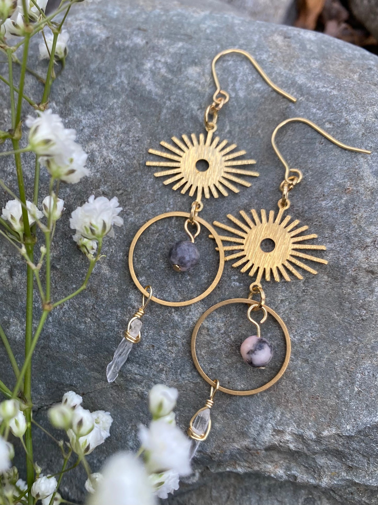 Long Dangly Gold and Pink Bohemian Crystal and Brass Earrings