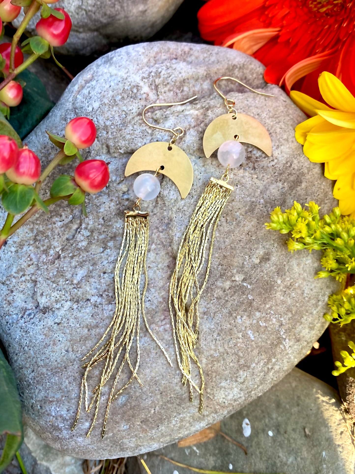 Long Bohemian Cascade Earrings with Genuine Selenite and Brass Moon