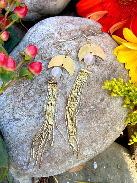 Long Bohemian Cascade Earrings with Genuine Selenite and Brass Moon