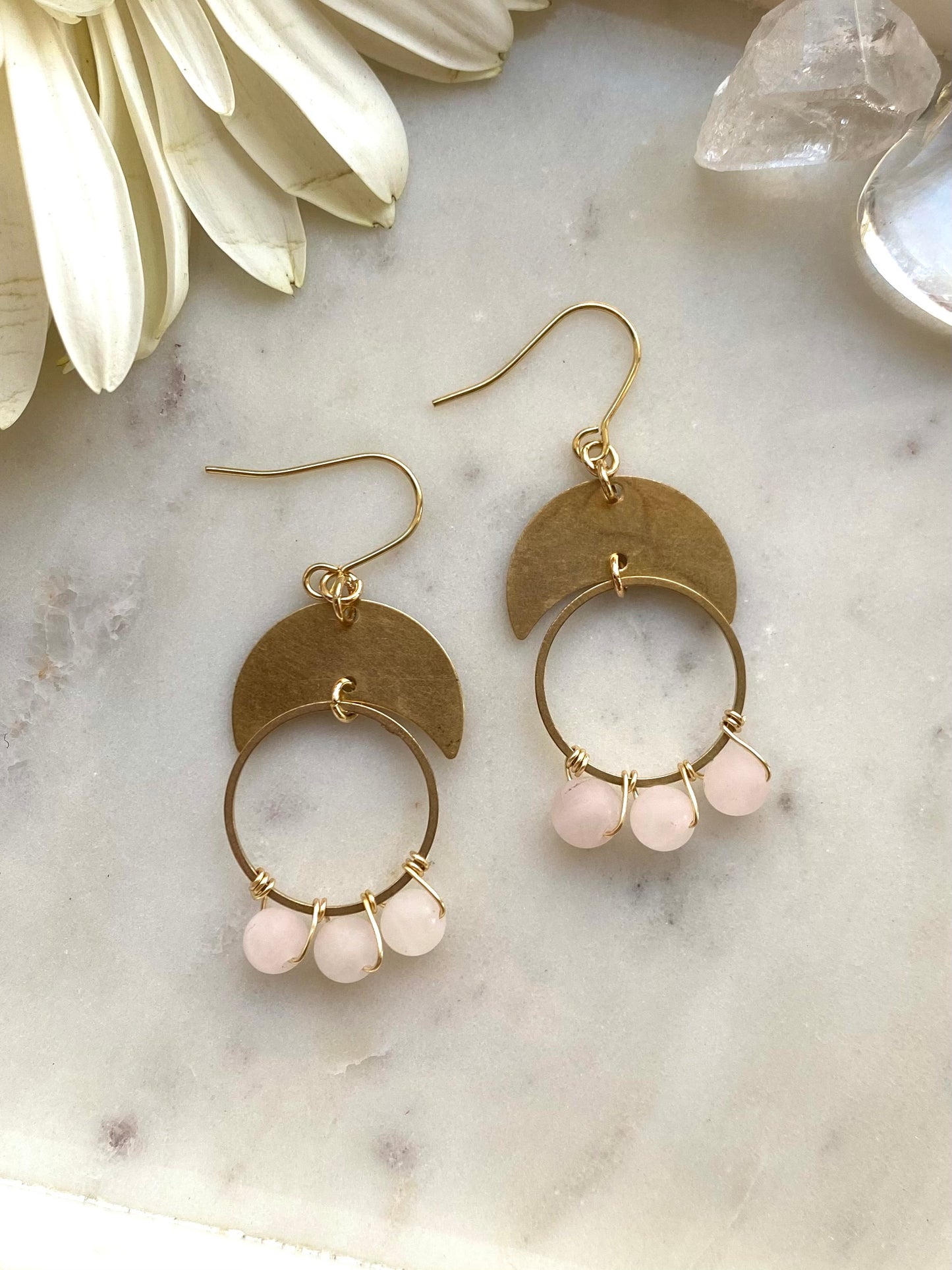 Rose Quartz Feminine Bohemian Earrings with Brass Moon and Circles