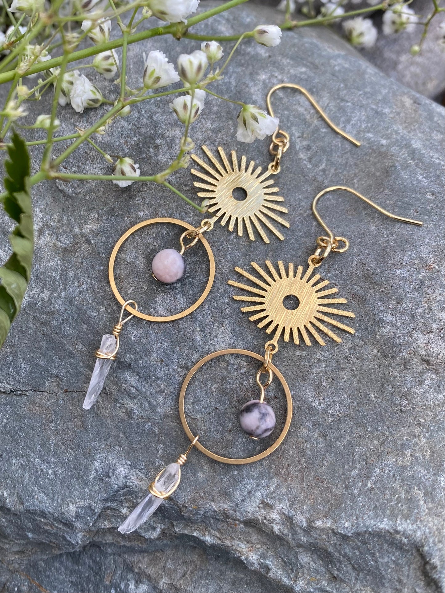 Long Dangly Gold and Pink Bohemian Crystal and Brass Earrings