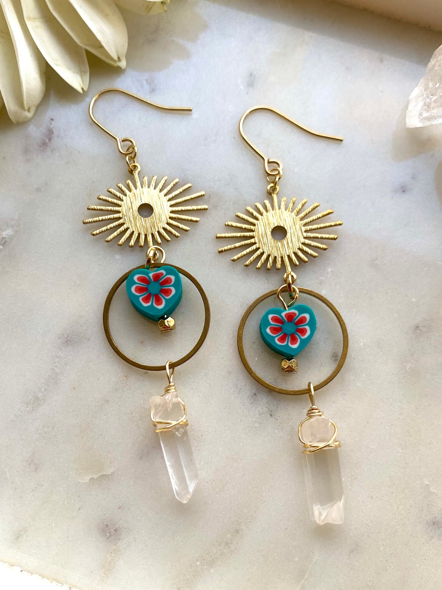 Blue Heart and Gold Brass Bohemian Drop Dangle Earrings