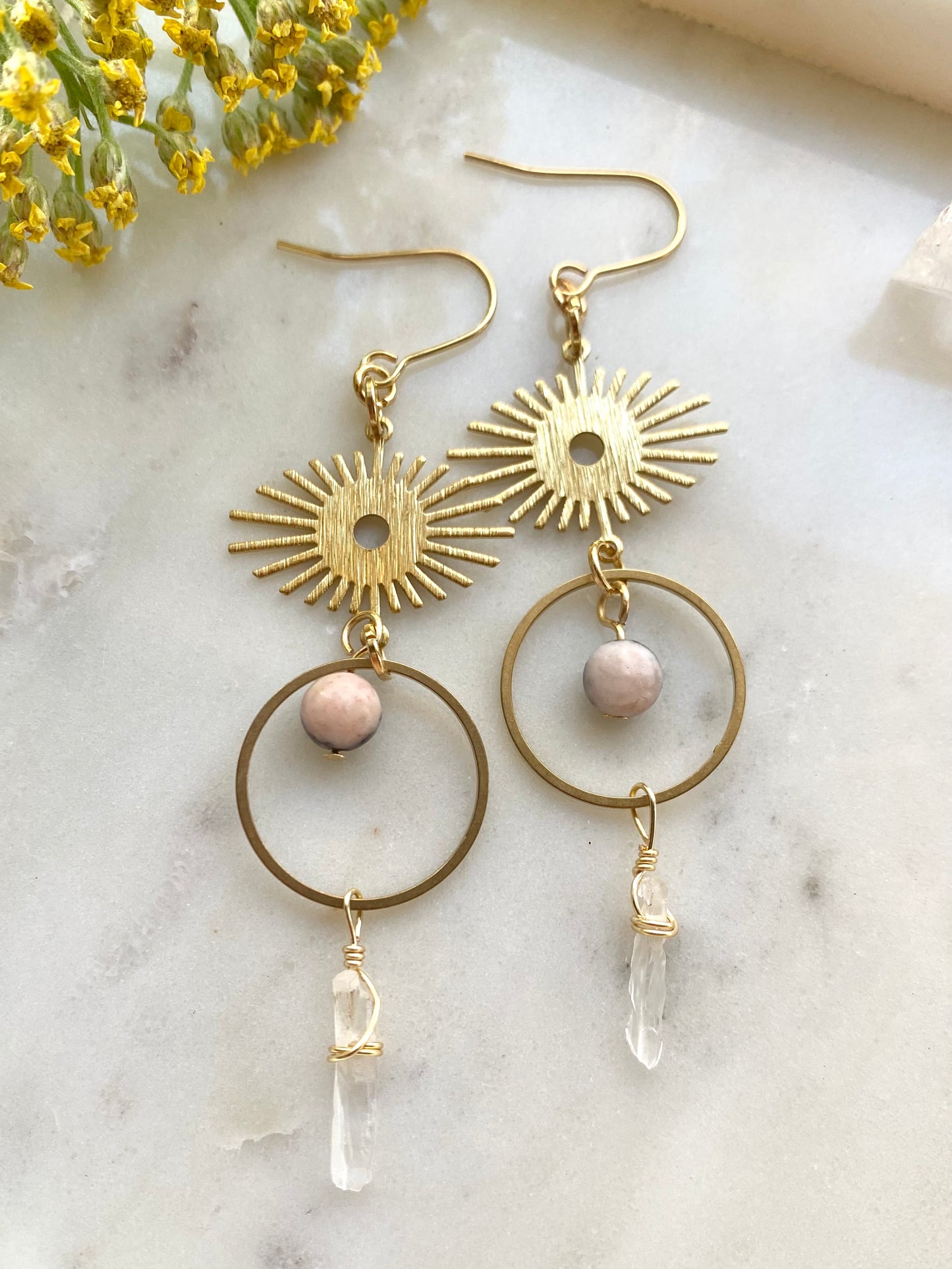 Long Dangly Gold and Pink Bohemian Crystal and Brass Earrings