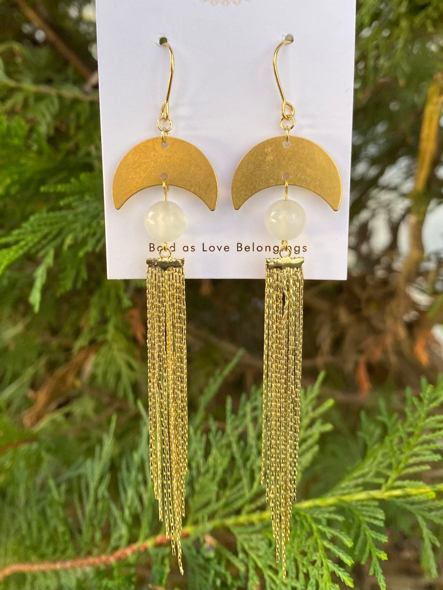 Long Bohemian Cascade Earrings with Genuine Selenite and Brass Moon