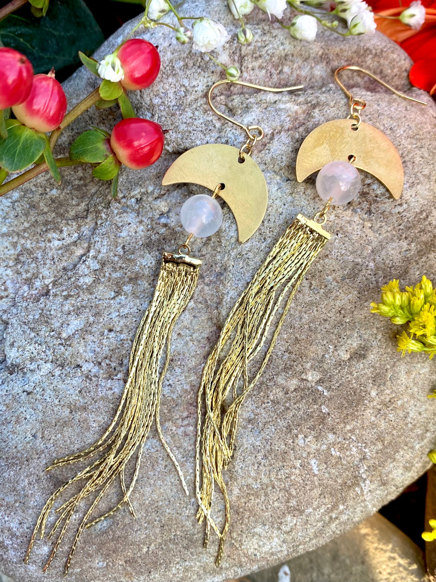 Long Bohemian Cascade Earrings with Genuine Selenite and Brass Moon