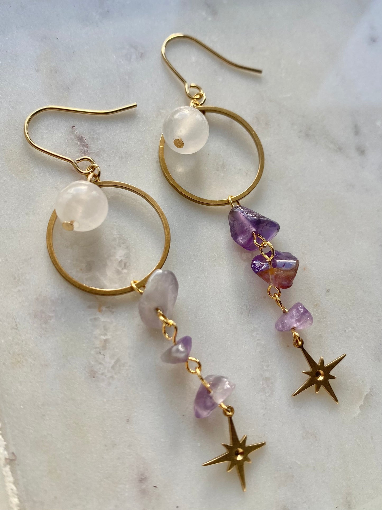 Amethyst and Selenite 90s Celestial Magic Inspired Brass Earrings