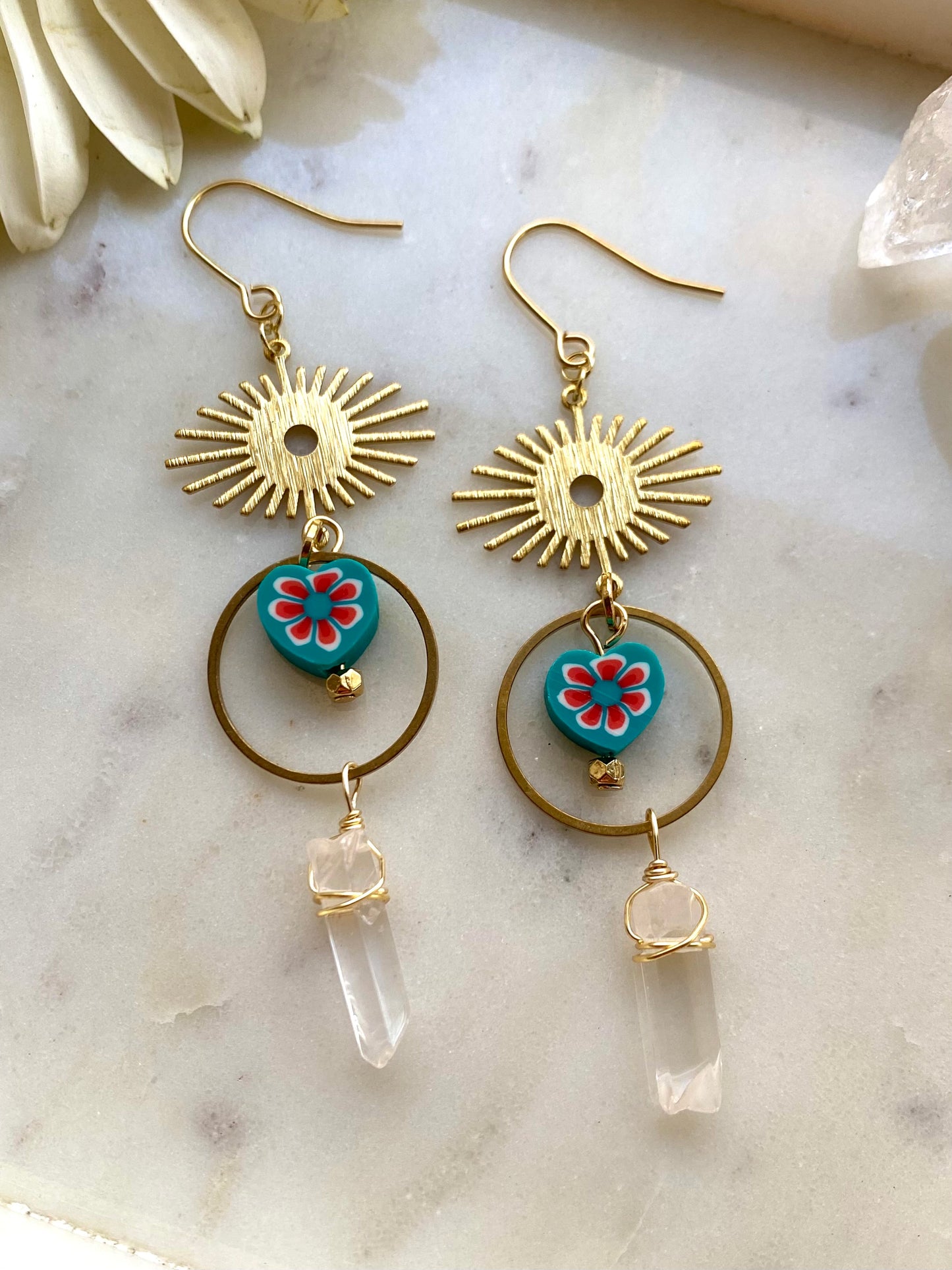 Blue Heart and Gold Brass Bohemian Drop Dangle Earrings