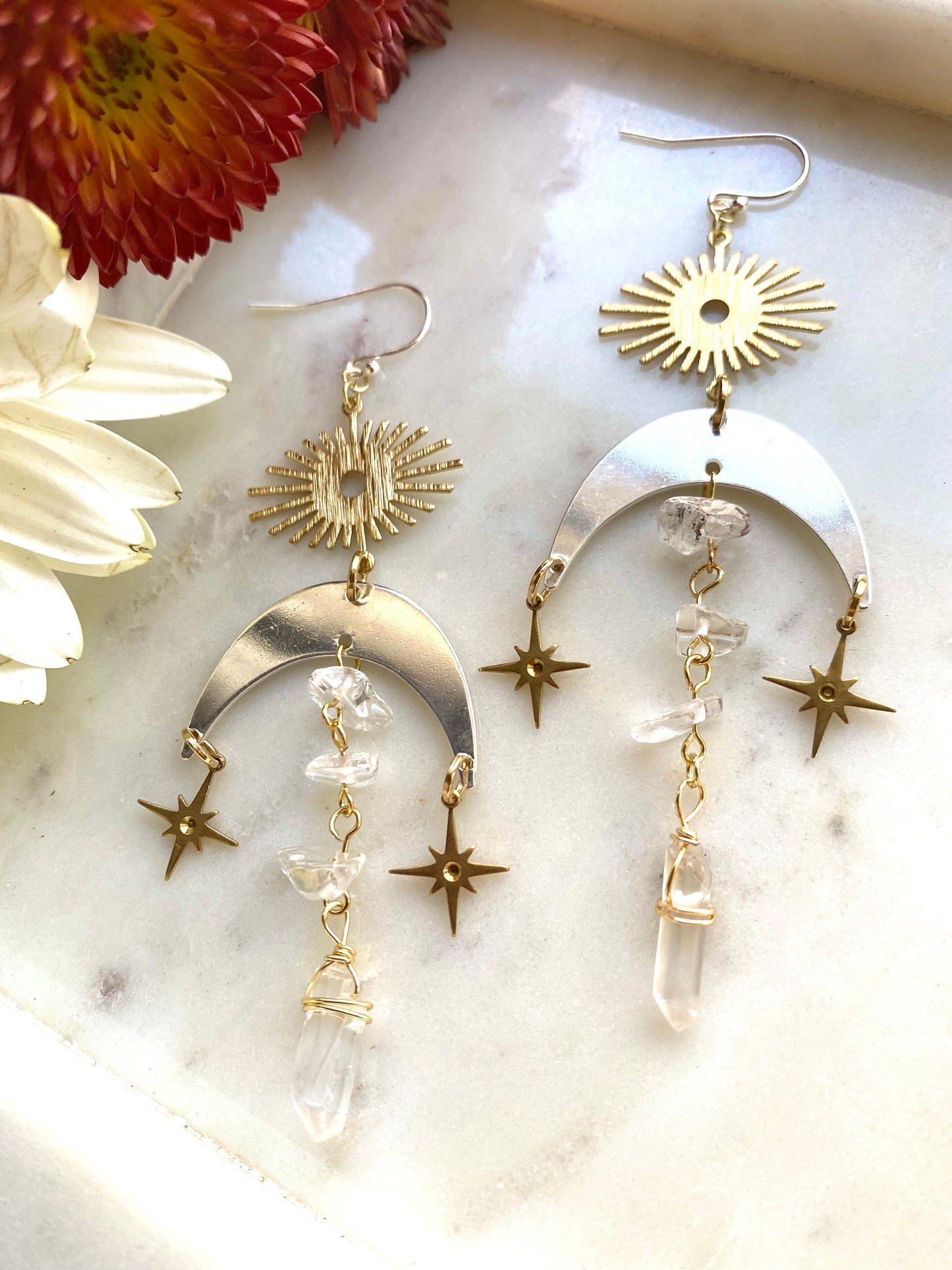 Mixed Metal Moon and Sun Witchy Star Celestial Bohemian Earrings