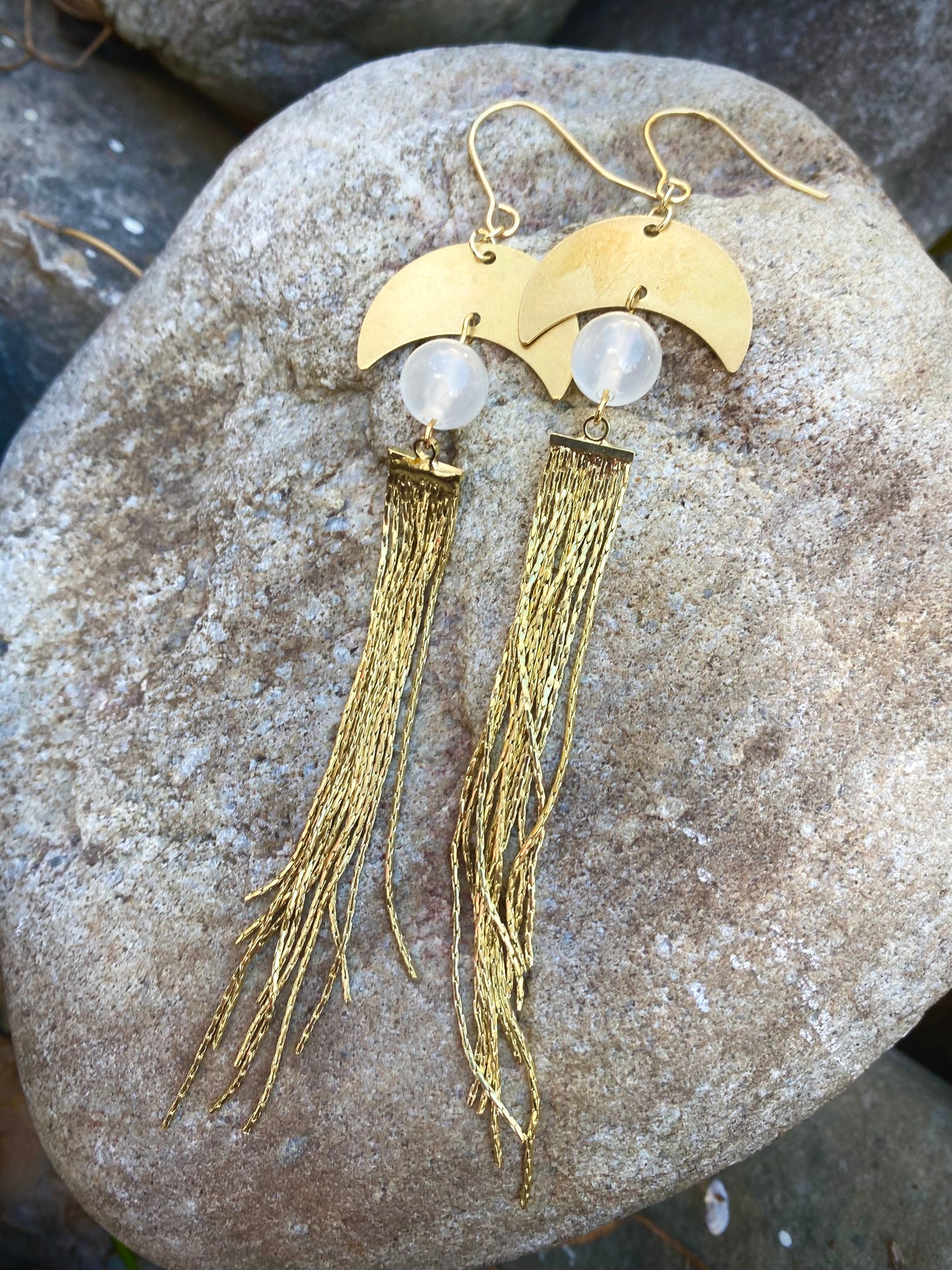 Long Bohemian Cascade Earrings with Genuine Selenite and Brass Moon