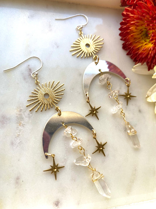 Mixed Metal Moon and Sun Witchy Star Celestial Bohemian Earrings
