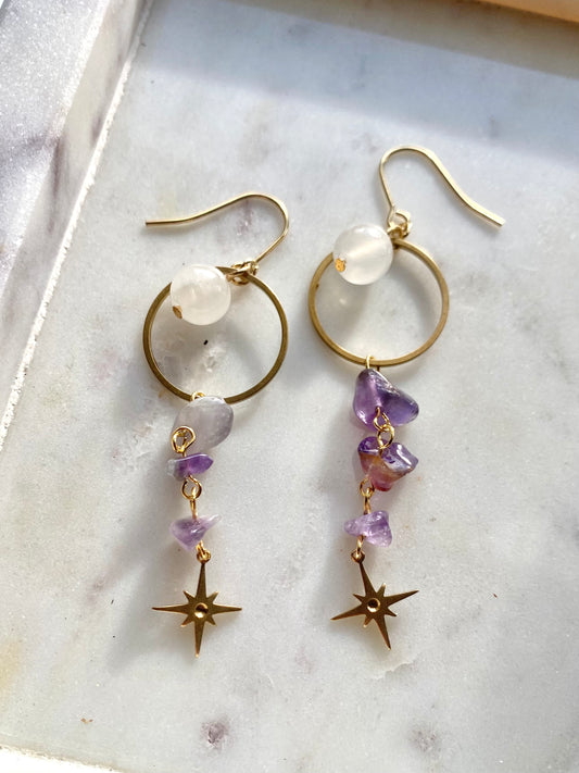Amethyst and Selenite 90s Celestial Magic Inspired Brass Earrings
