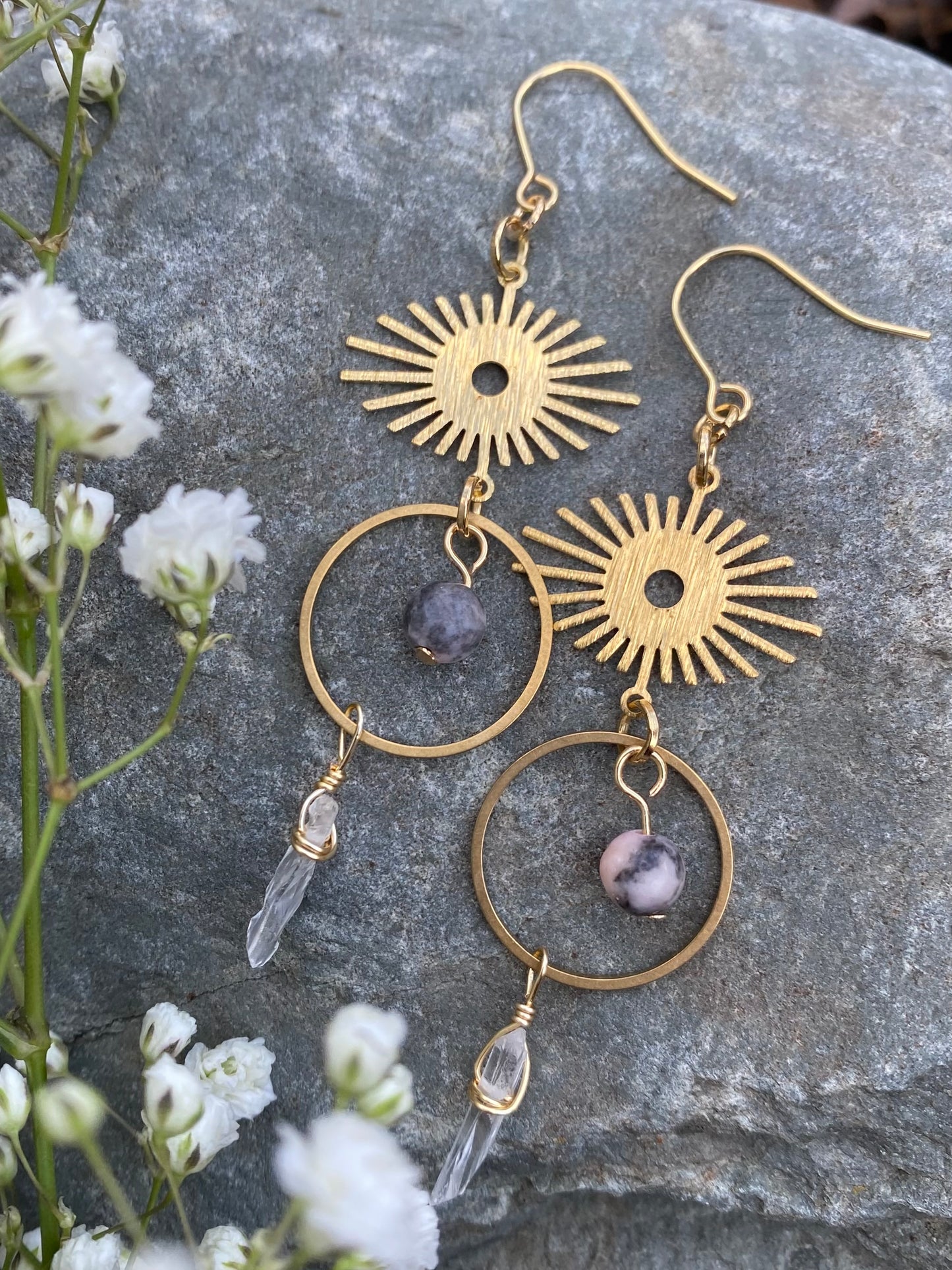 Long Dangly Gold and Pink Bohemian Crystal and Brass Earrings