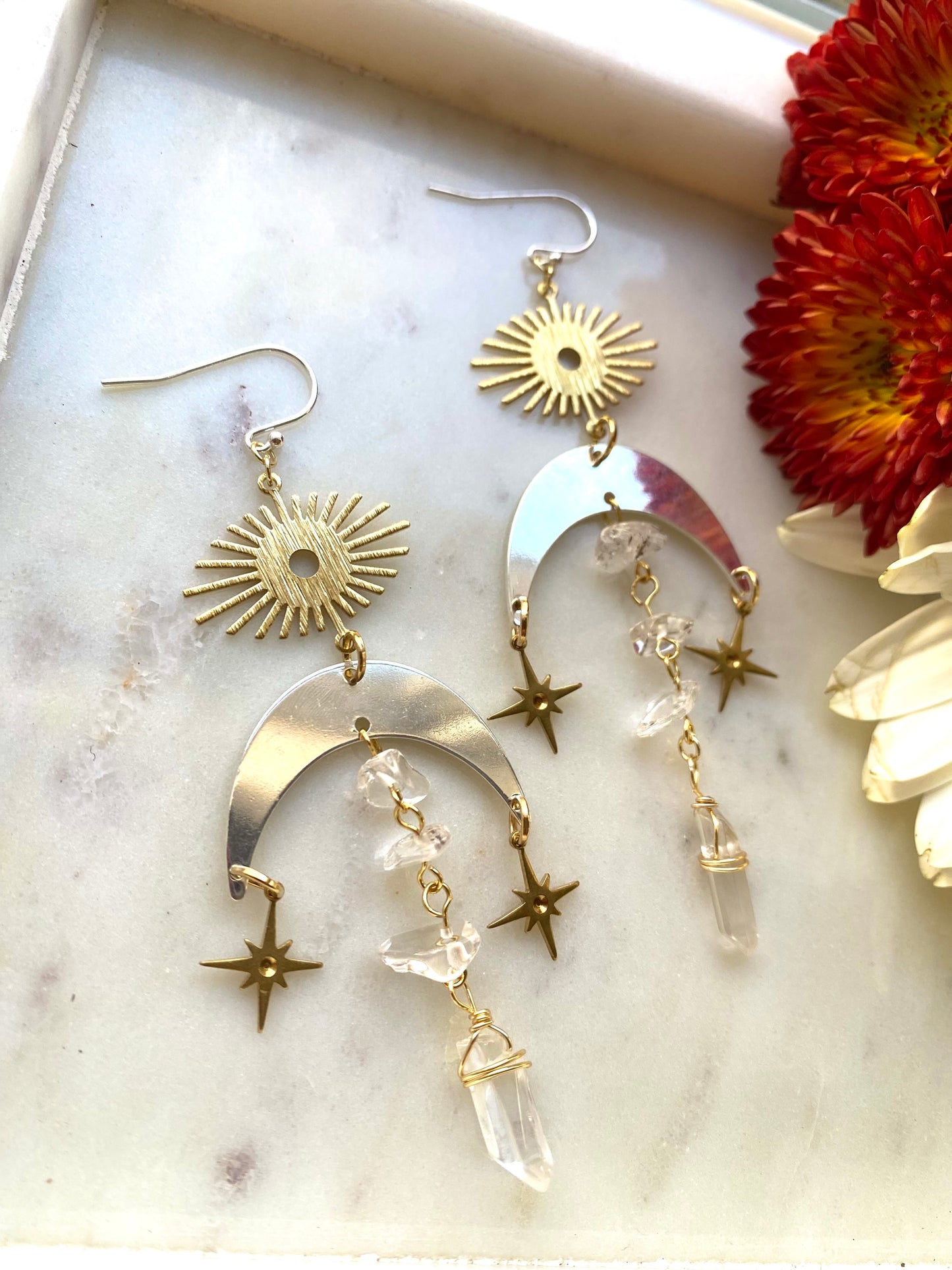 Mixed Metal Moon and Sun Witchy Star Celestial Bohemian Earrings