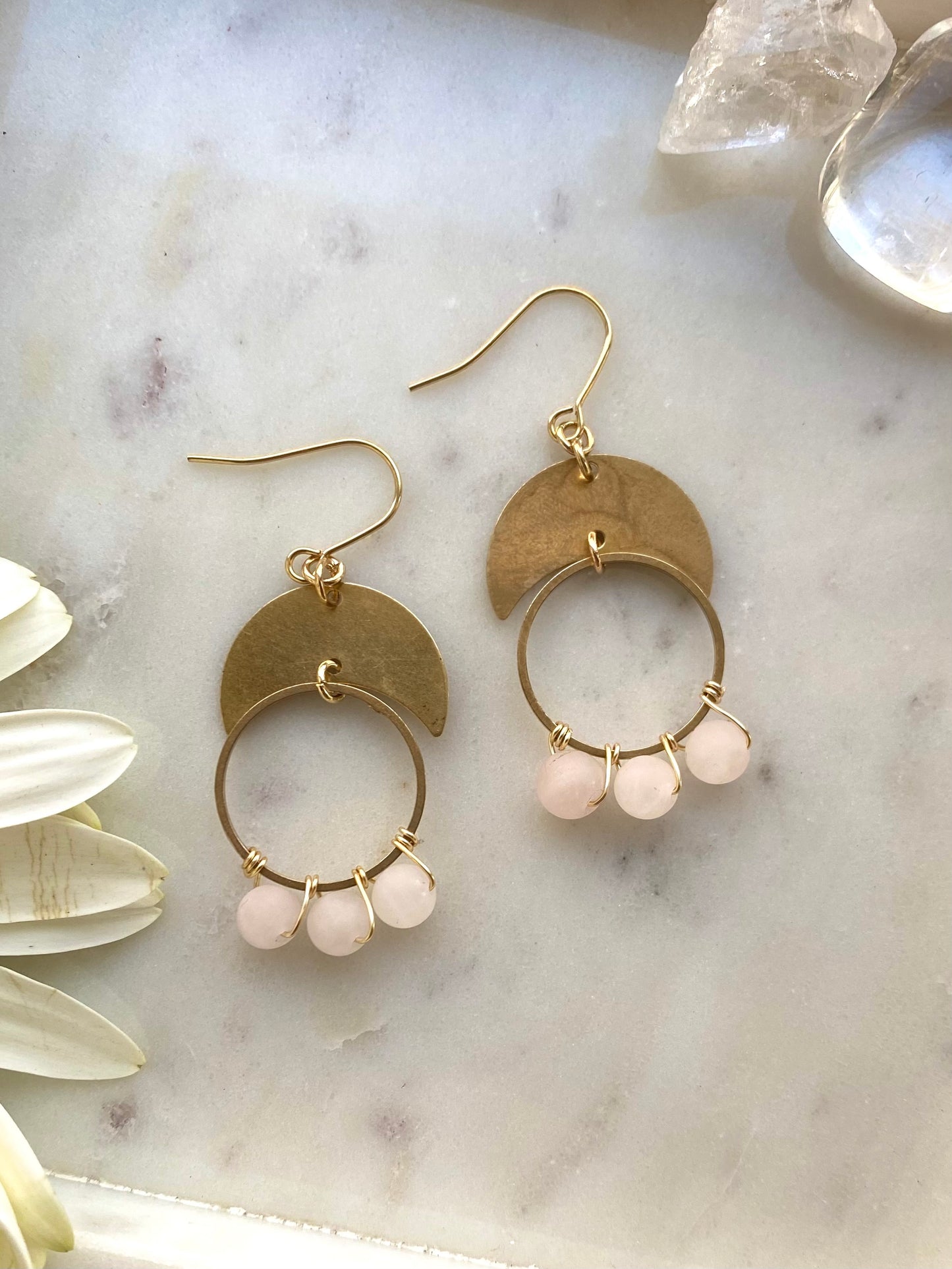 Rose Quartz Feminine Bohemian Earrings with Brass Moon and Circles