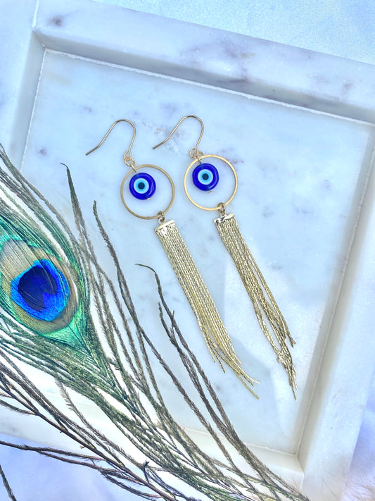 Evil Eye and Gold Cascade Earrings