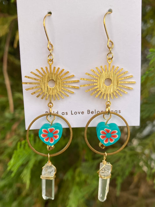 Blue Heart and Gold Brass Bohemian Drop Dangle Earrings