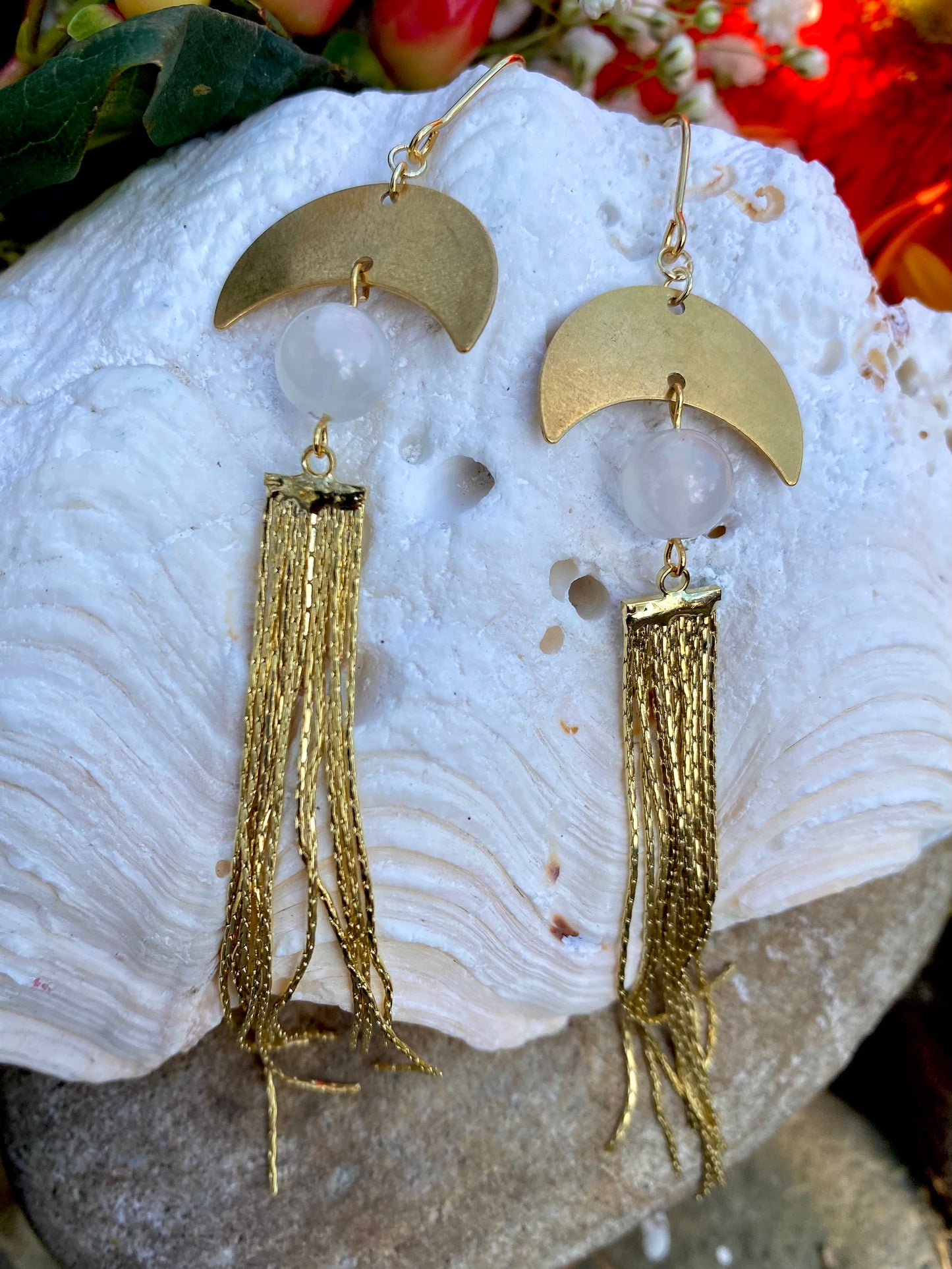Long Bohemian Cascade Earrings with Genuine Selenite and Brass Moon