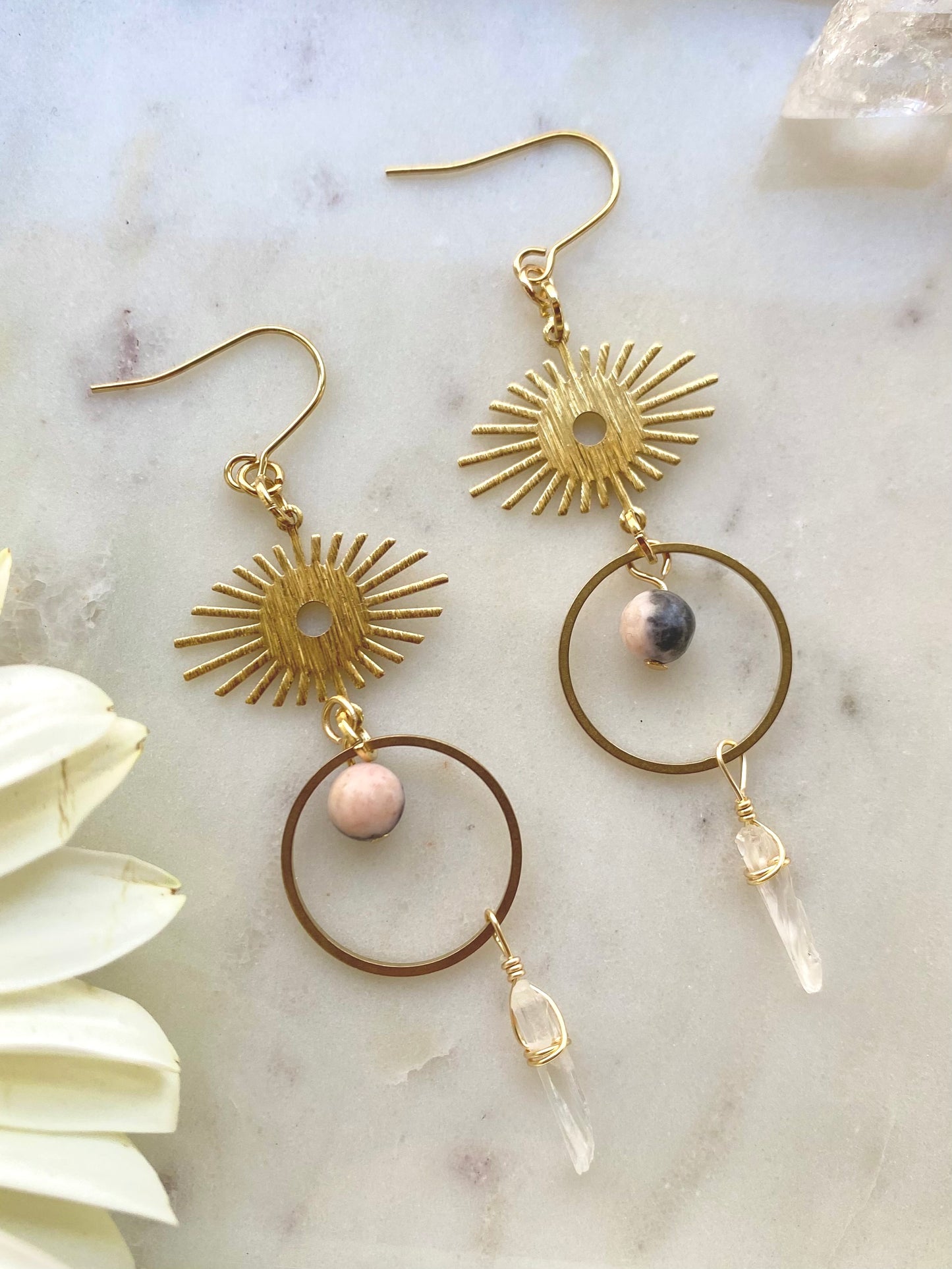Long Dangly Gold and Pink Bohemian Crystal and Brass Earrings