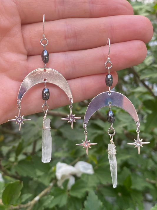 Silver Moon and Quartz Witchy Earrings