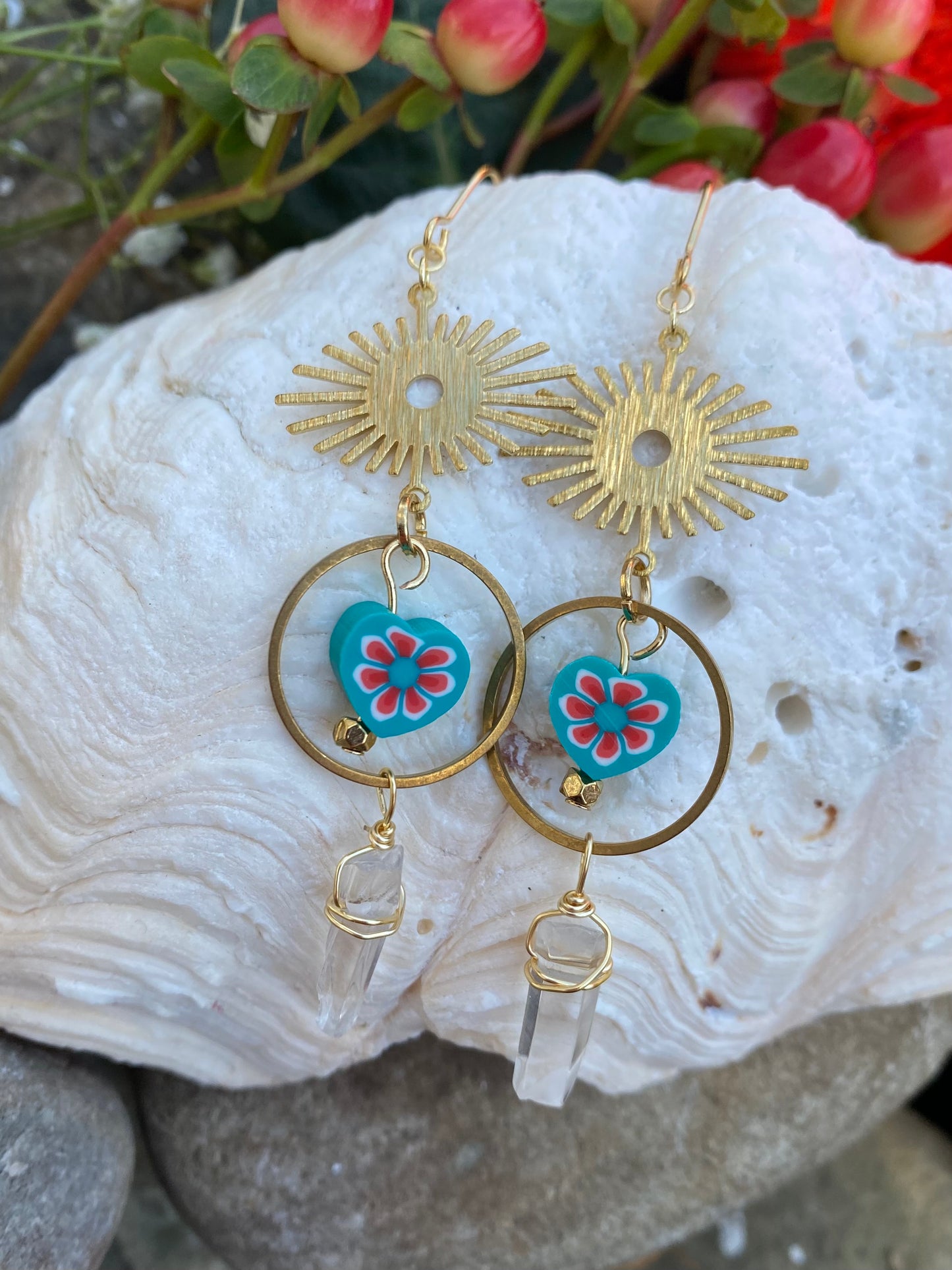 Blue Heart and Gold Brass Bohemian Drop Dangle Earrings
