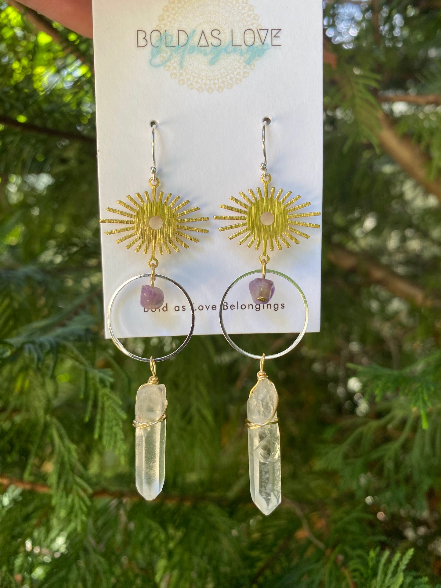 Mixed Metal Amethyst and Quartz Long Bohemian Dangle Earrings