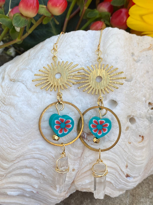 Blue Heart and Gold Brass Bohemian Drop Dangle Earrings