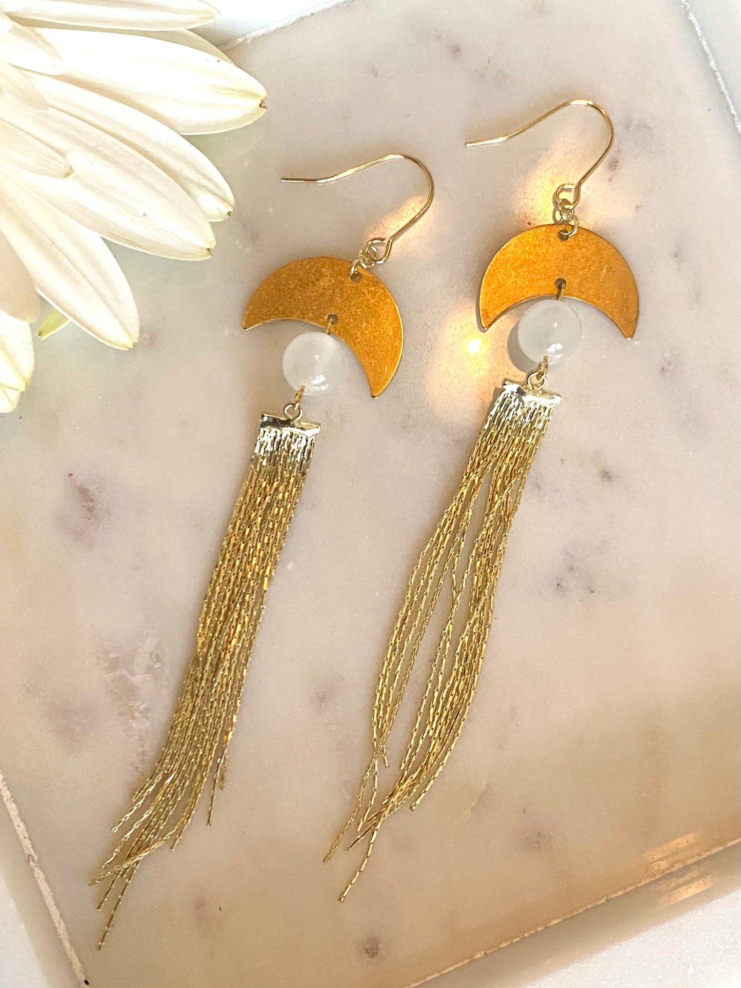 Long Bohemian Cascade Earrings with Genuine Selenite and Brass Moon
