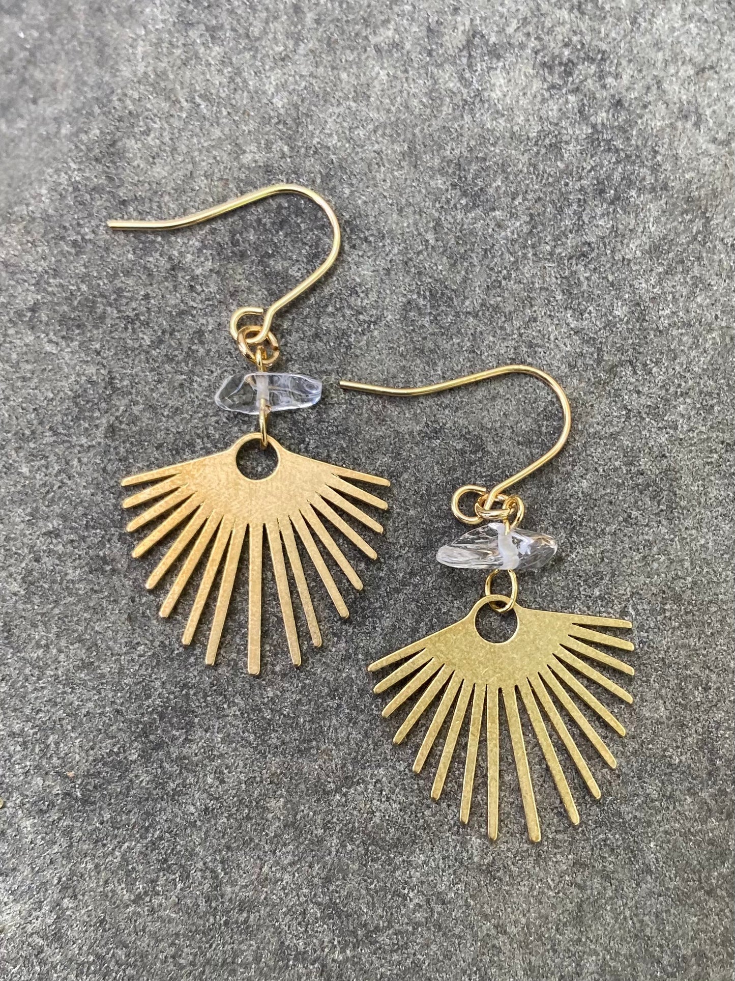 Short Bohemian Earrings with Quartz Crystals and Brass