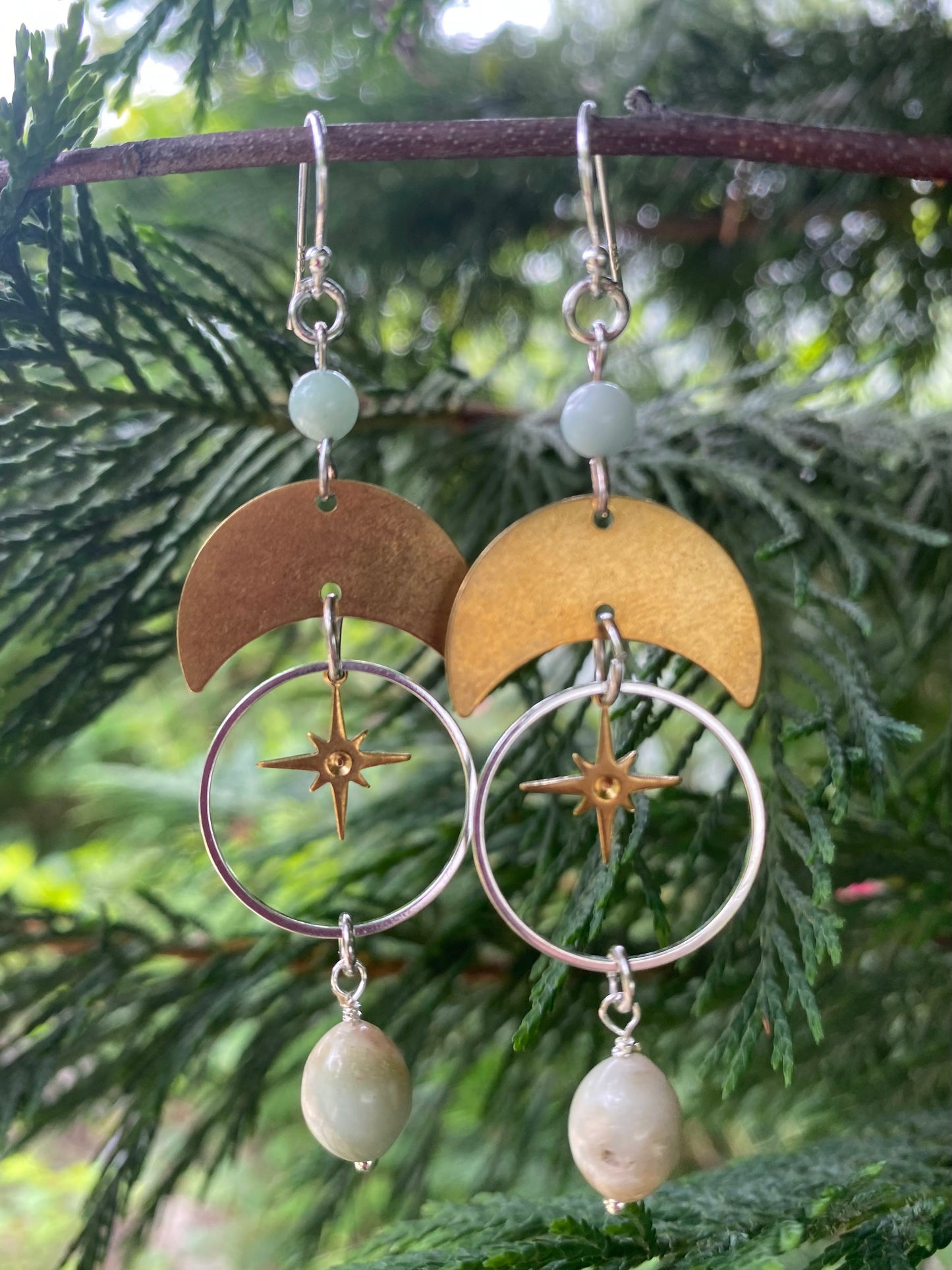Amazonite Mixed Metal Moon and Stars Celestial Dangle Earrings