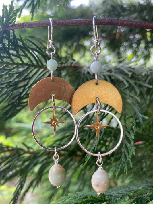 Amazonite Mixed Metal Moon and Stars Celestial Dangle Earrings