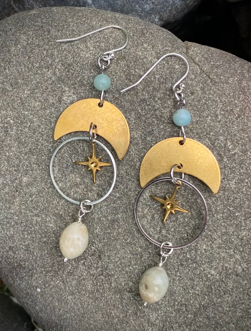 Amazonite Mixed Metal Moon and Stars Celestial Dangle Earrings