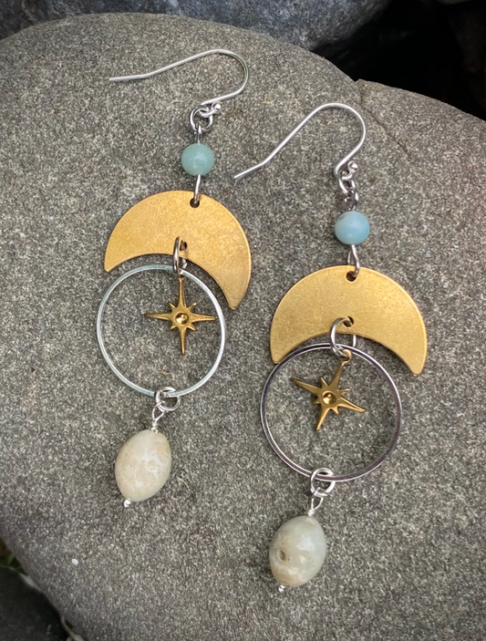 Amazonite Mixed Metal Moon and Stars Celestial Dangle Earrings